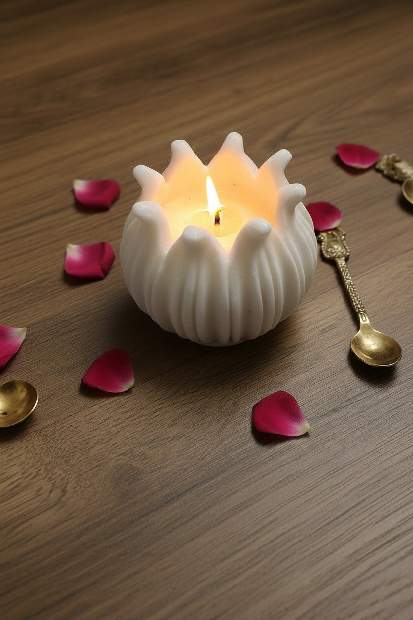 Handmade Marble Lotus Tea Light Holder 4 Inch | Elegant Candle Holder | Floral Décor Accent | Diwali Gift & Home Decoration