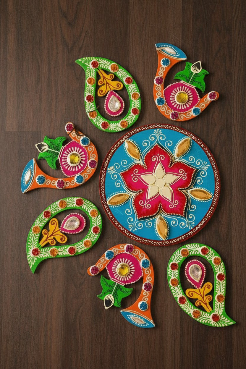 Handmade MDF Wooden Rangoli Set – Hand-Painted Emboss Work with Stones & Mirror | Reusable 7 Piece Festive Décor | Diwali Floor Decoration