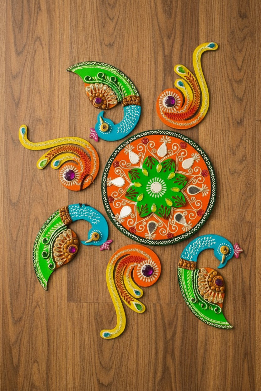 Handmade MDF Wooden multicolor Rangoli Set – Hand-Painted Emboss Work with Stones & Mirror | Reusable 7 Piece Festive Décor | Diwali Floor Decoration