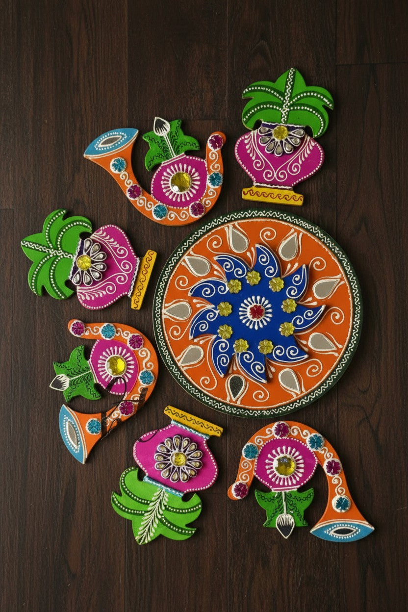 Decorative wooden Kalash rangoli with intricate hand-painted details, mirror accents, and stone work for festive floor decoration