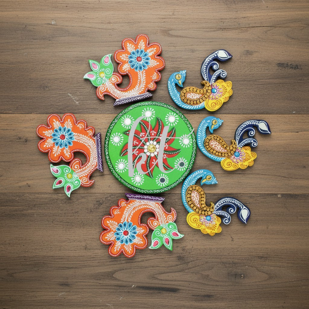 Decorative wooden peacock rangoli with intricate hand-painted details, mirror accents, and stone work for festive floor decoration.