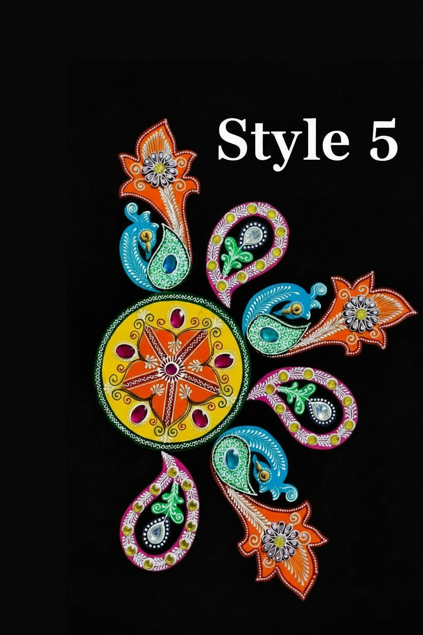 Handmade MDF Wooden Rangoli Set – Hand-Painted Emboss Work with Stones & Mirror | Reusable 7 Piece | Diwali Floor Decoration