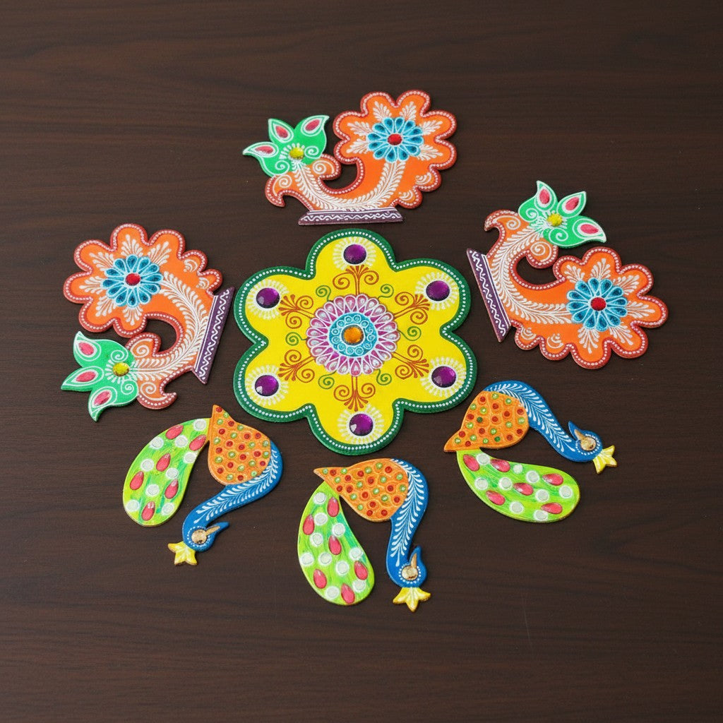 Reusable multicolor MDF rangoli set featuring intricate hand-painted designs, decorative mirrors, and stone work for Diwali décor.