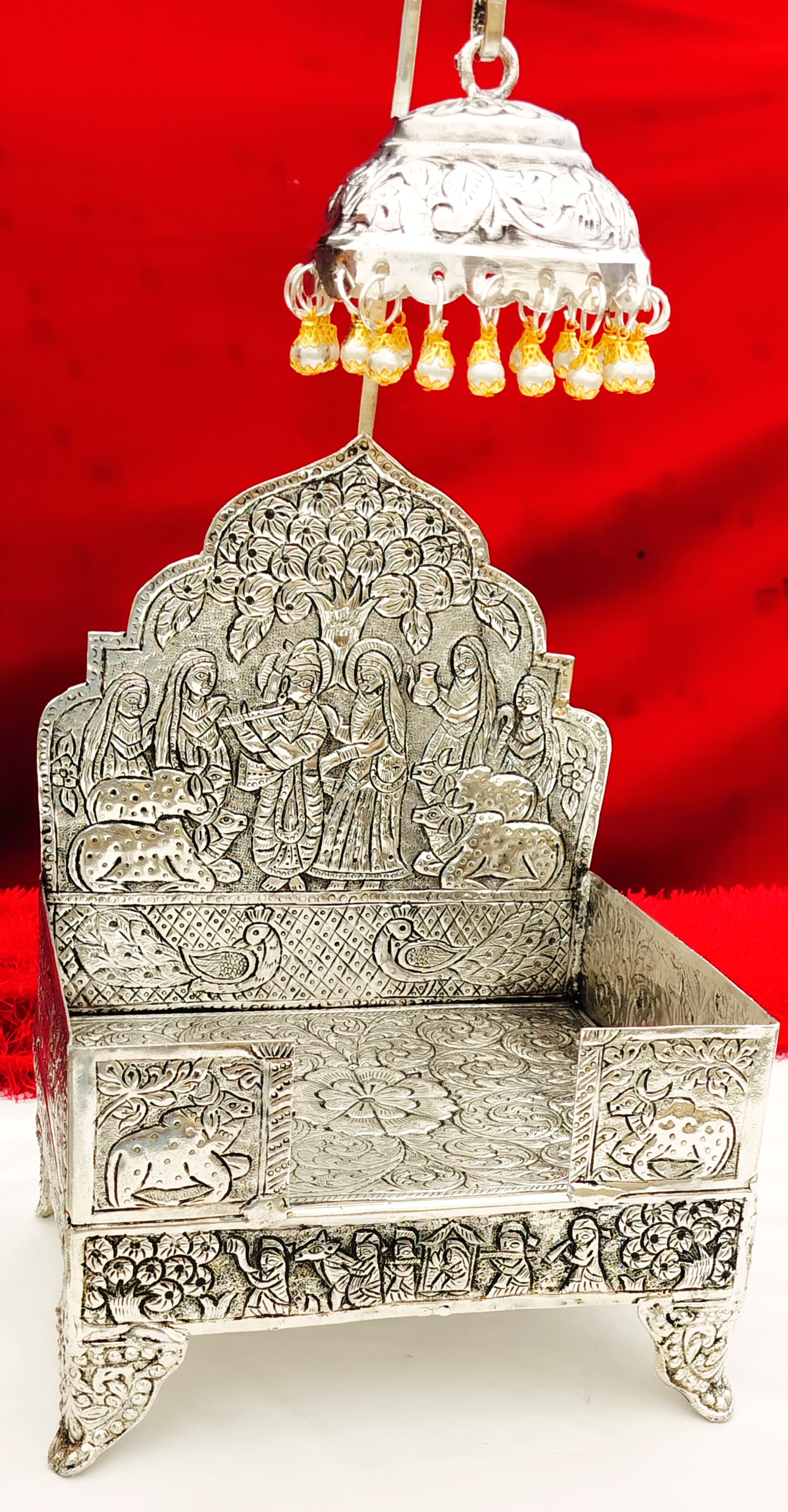 German Silver Radha Krishna Engraved Sing Hasan with Detachable chatter- Big Size