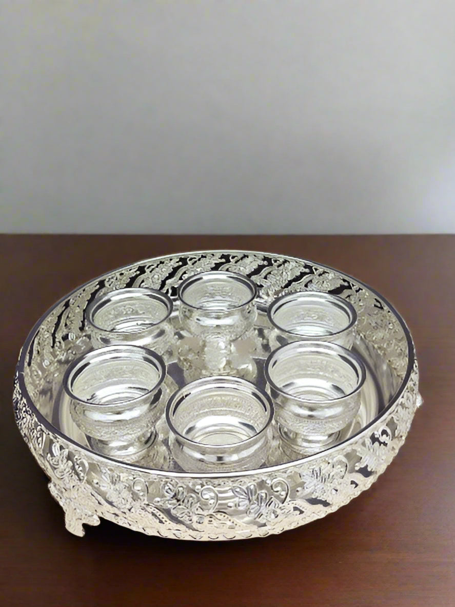german silver designer tray with 6 bowls for snacks/ sweets/ pooja / gift item
