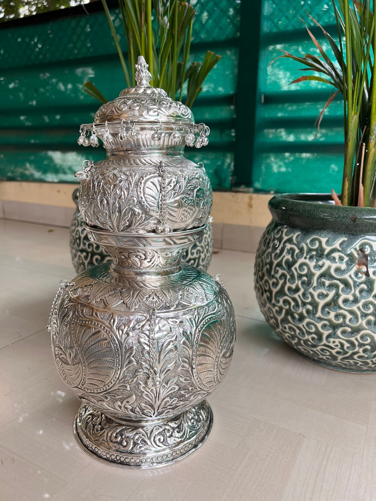 german silver double mangal kalash with lid for housewarming pooja/ diwali