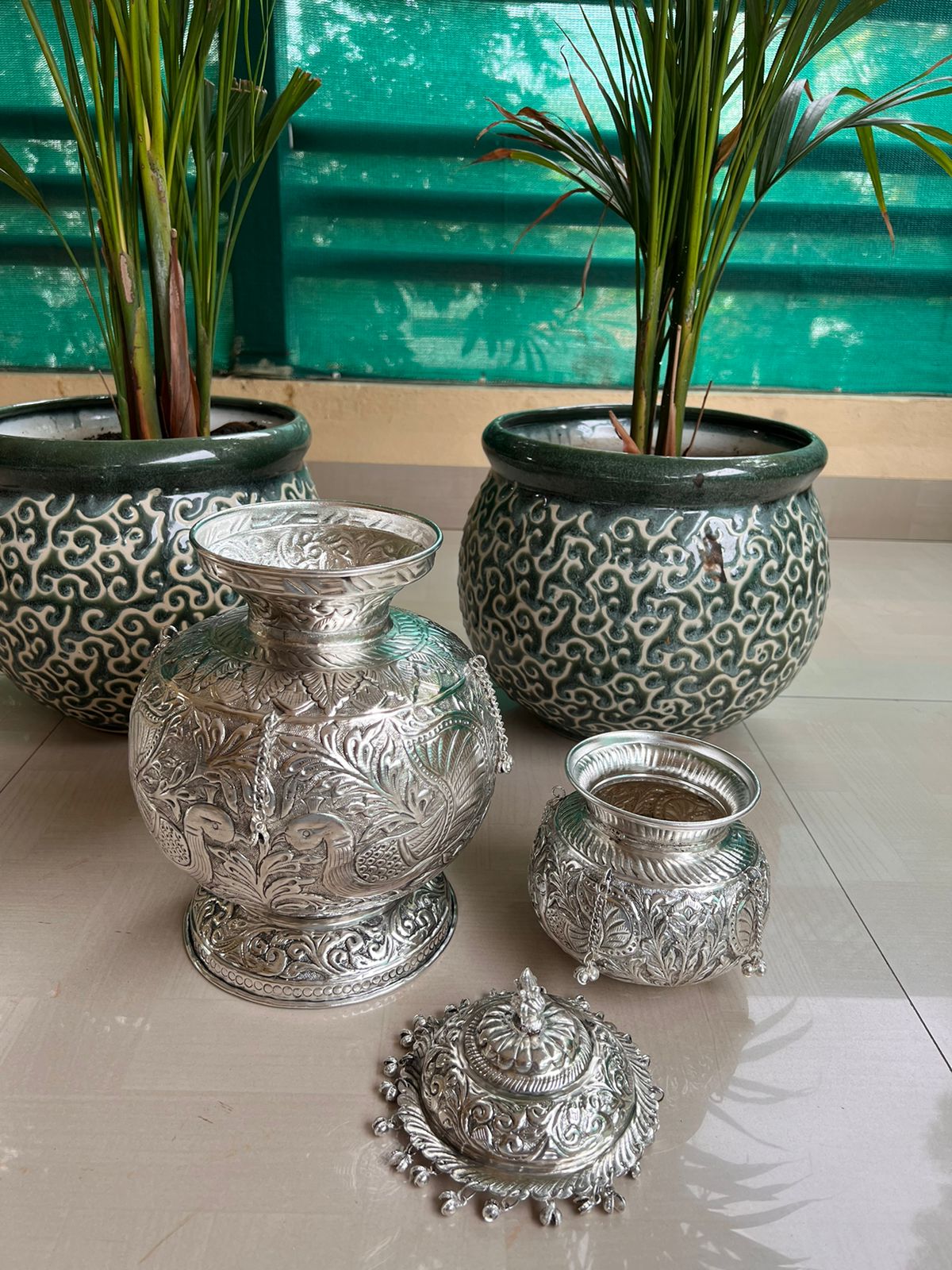 german silver double mangal kalash with lid for housewarming pooja/ diwali