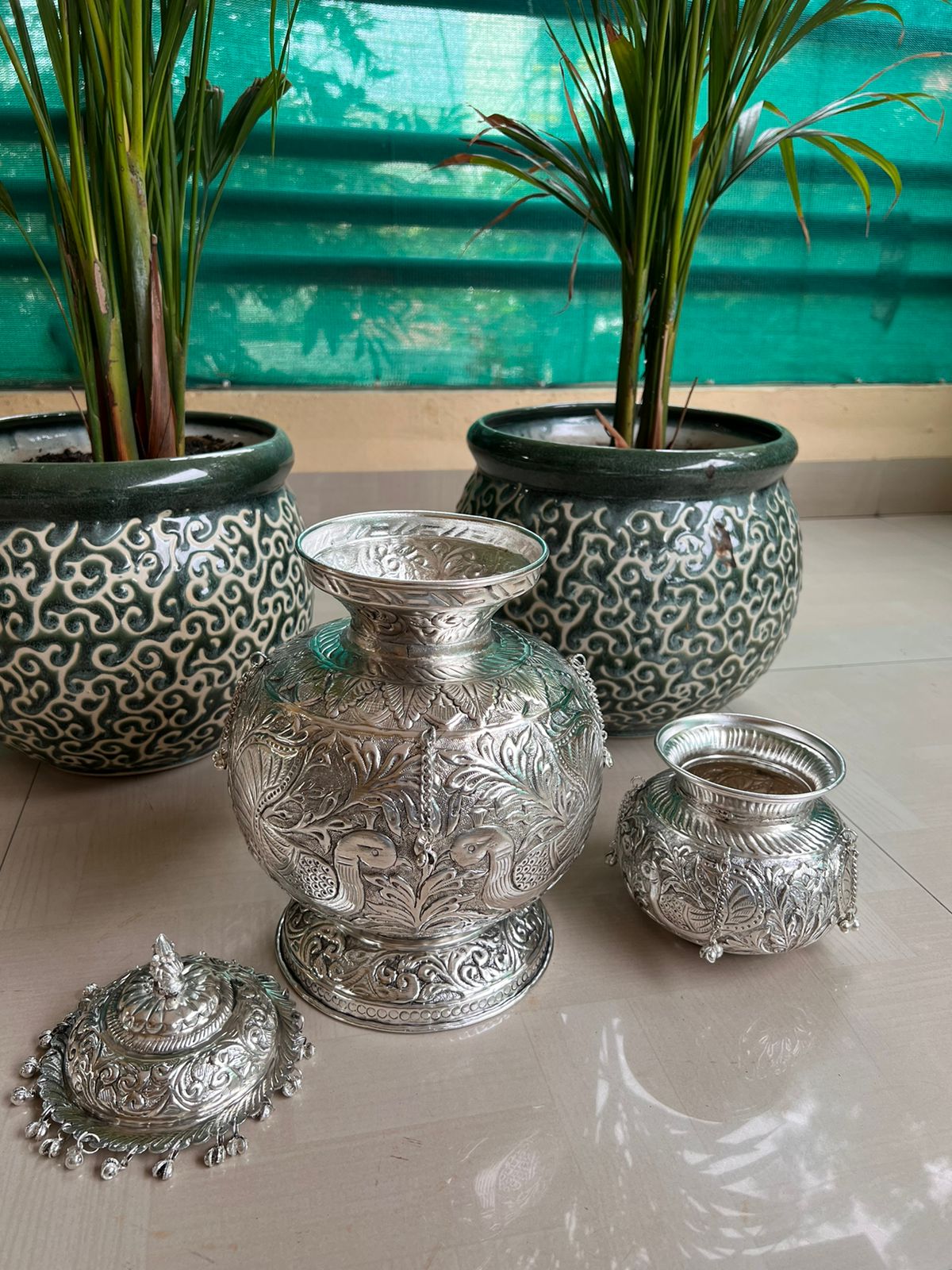 german silver double mangal kalash with lid for housewarming pooja/ diwali