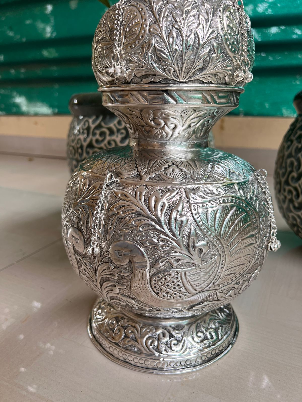 german silver double mangal kalash with lid for housewarming pooja/ diwali