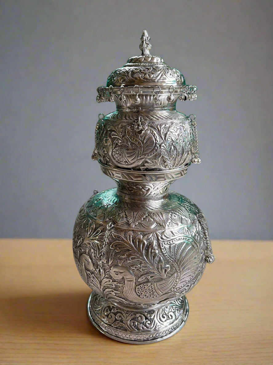 german silver double mangal kalash with lid for housewarming pooja/ diwali