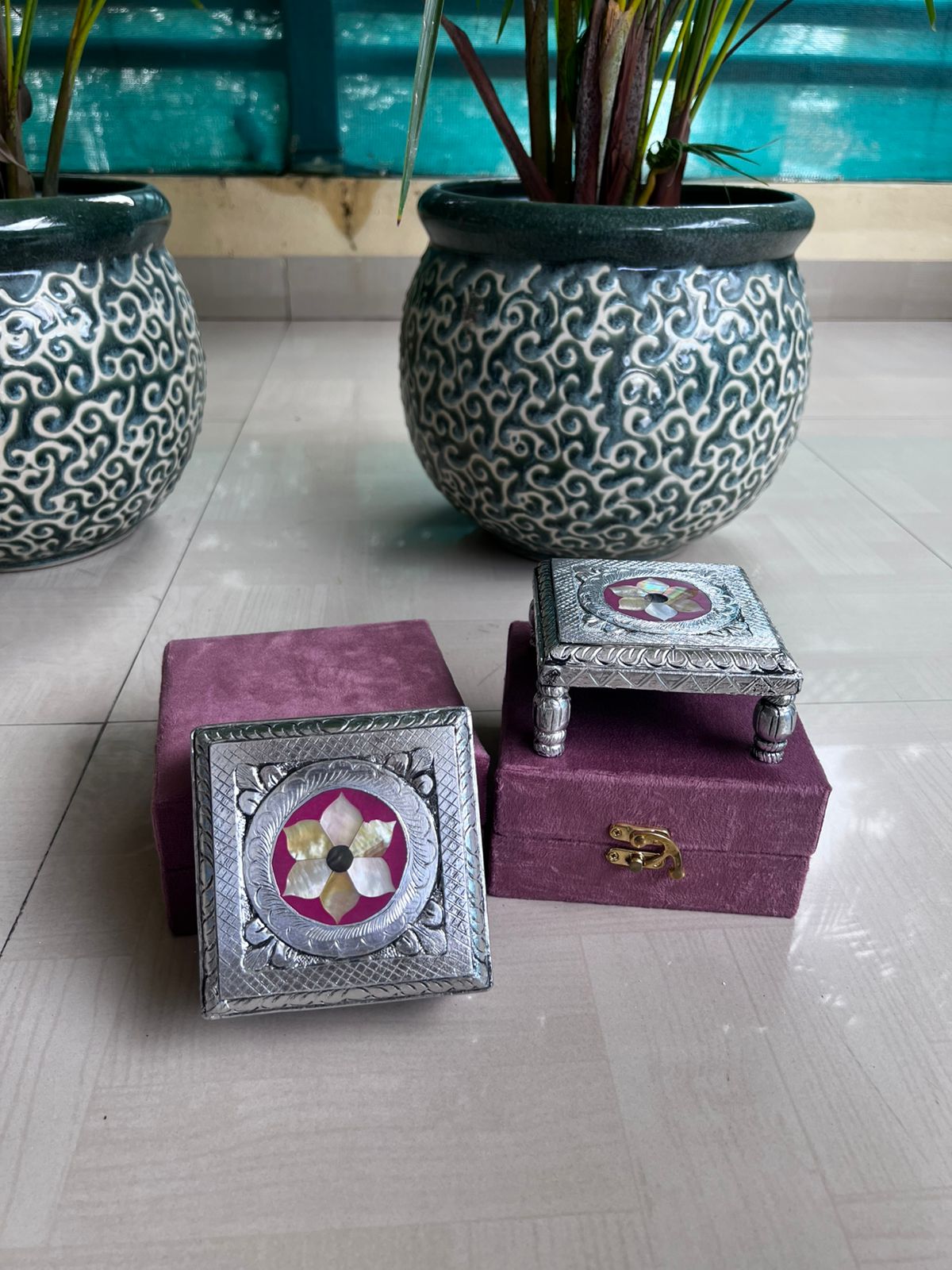 set of 2 german silver with mother of pearl chowkis/ stool for home décor/ pooja item with gift box