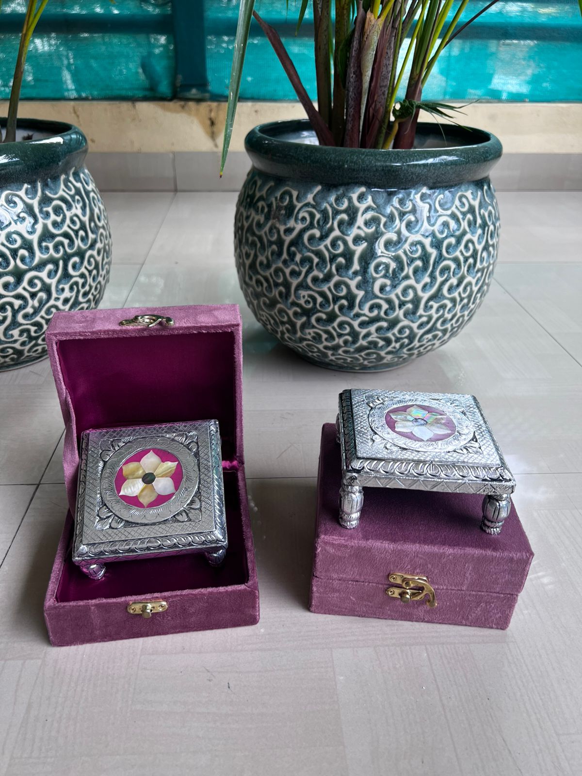 set of 2 german silver with mother of pearl chowkis/ stool for home décor/ pooja item with gift box
