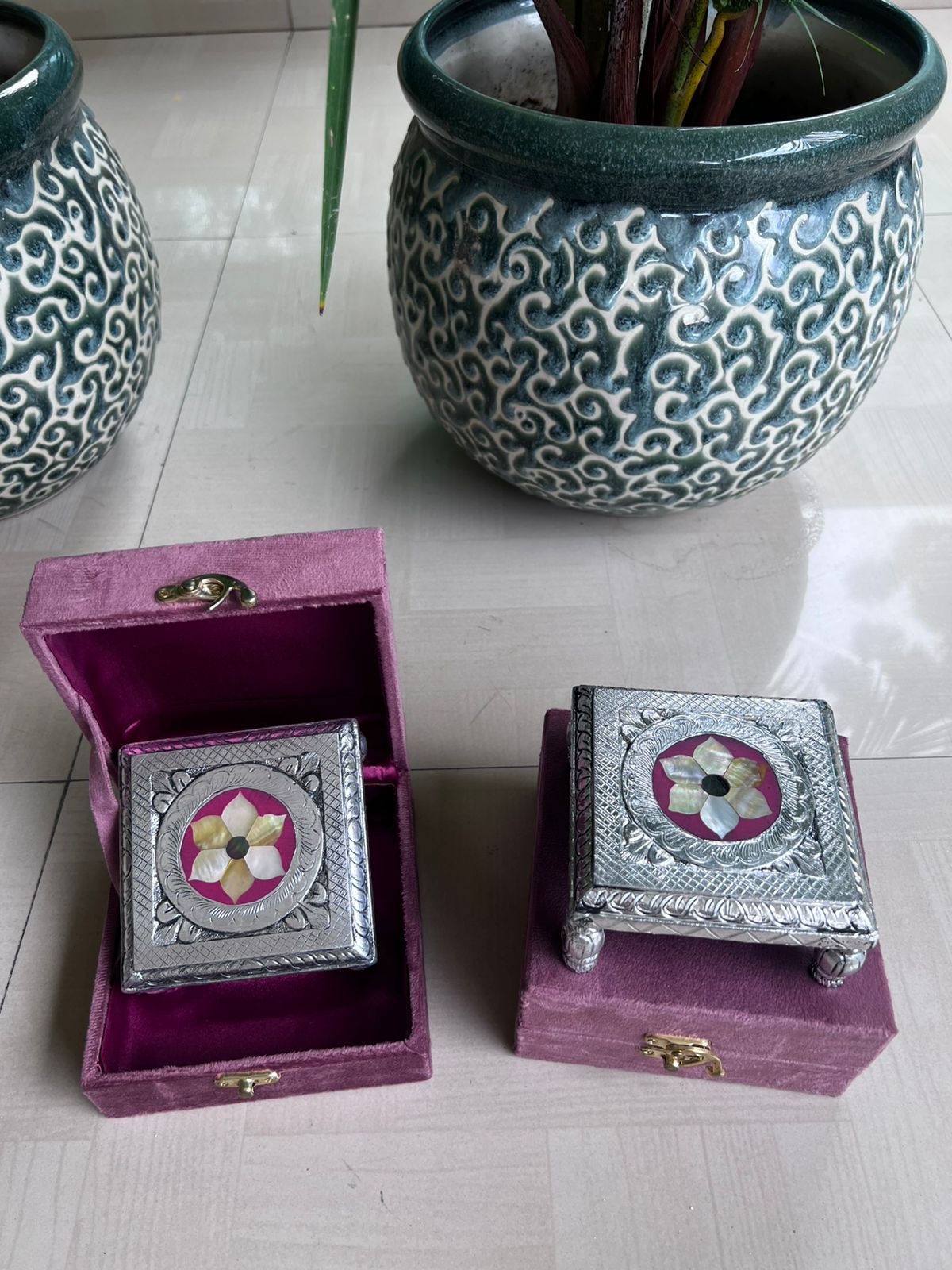 set of 2 german silver with mother of pearl chowkis/ stool for home décor/ pooja item with gift box