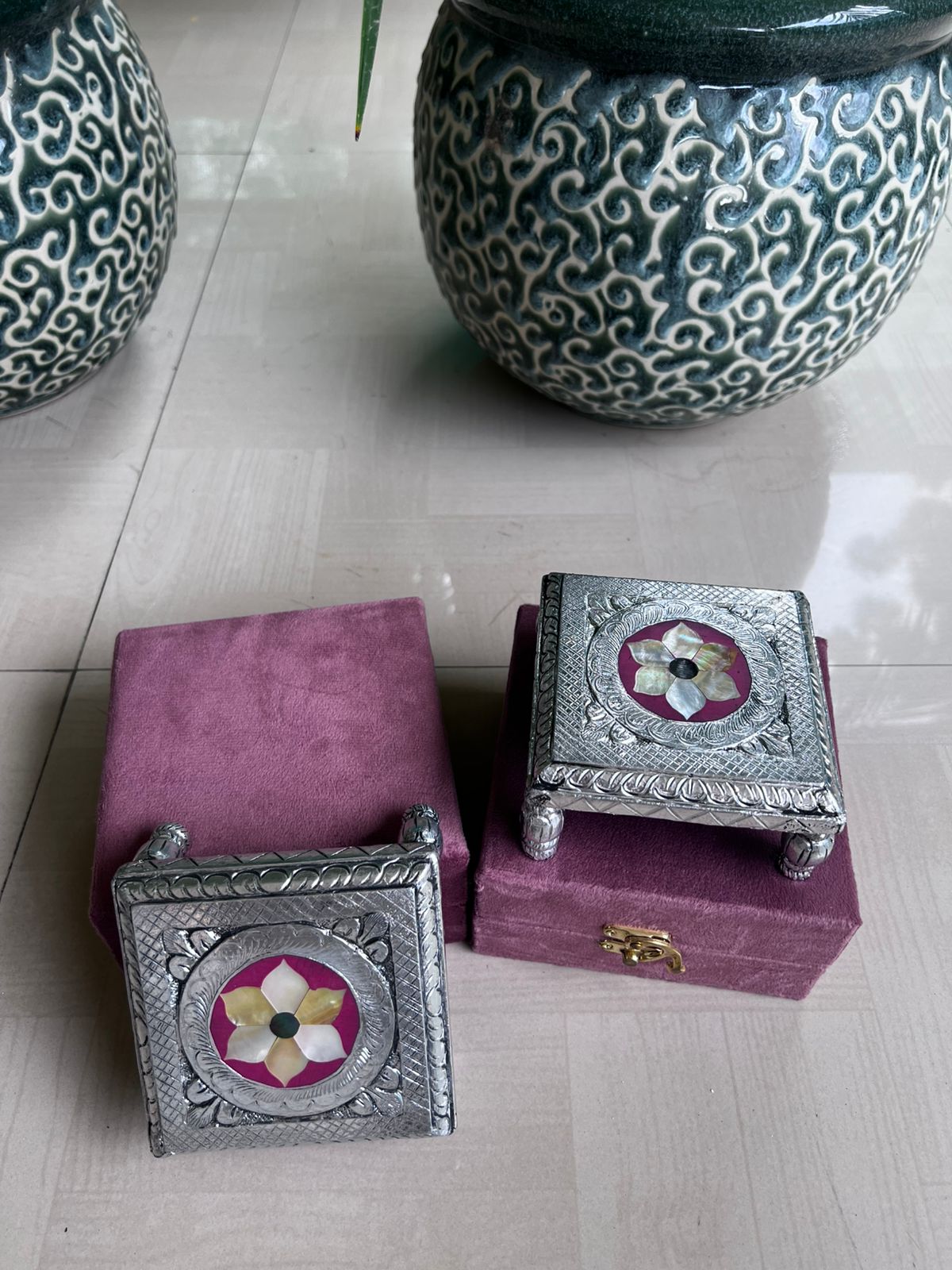 set of 2 german silver with mother of pearl chowkis/ stool for home décor/ pooja item with gift box