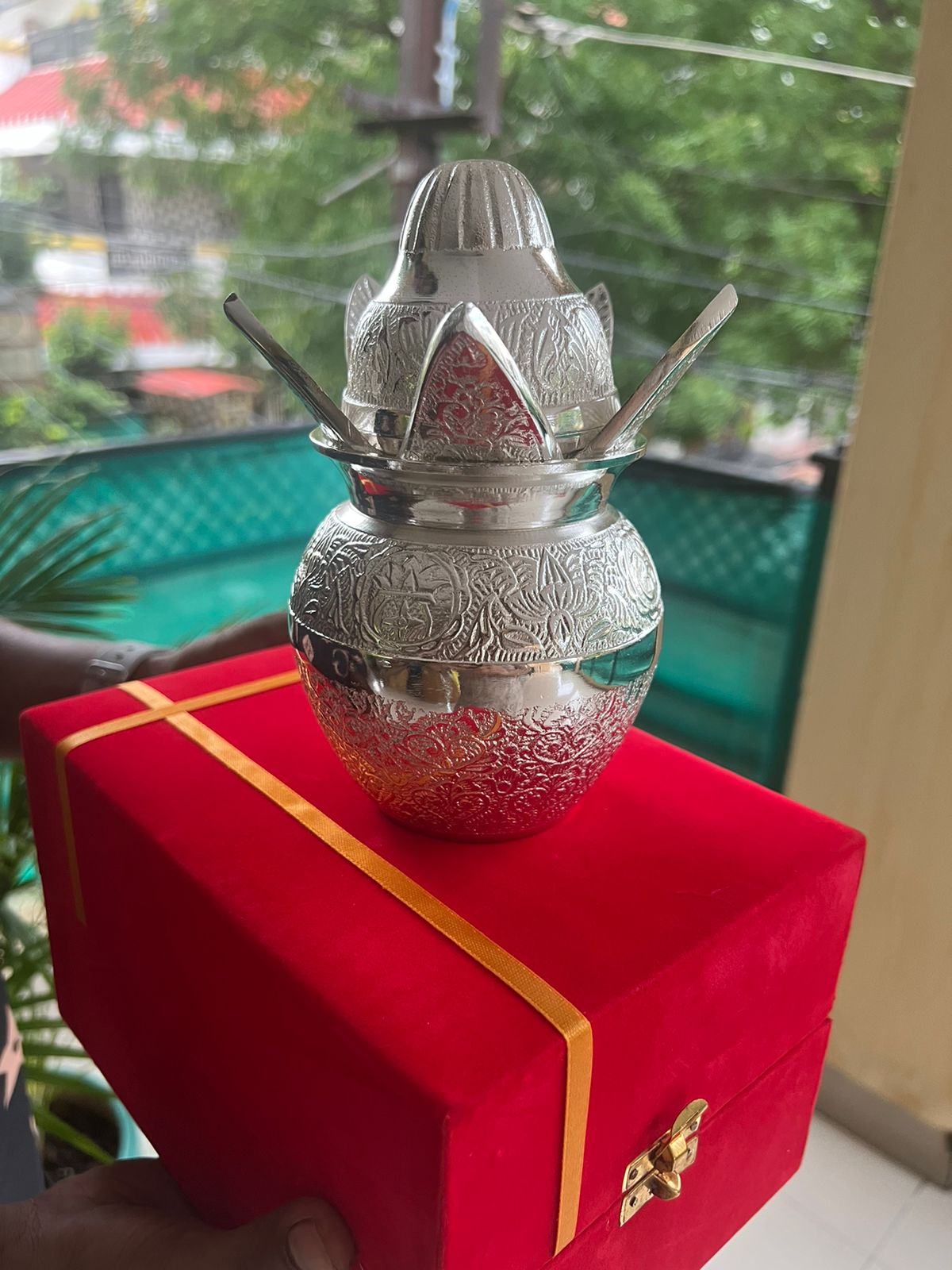 German silver mangal kalash with velvet gift box for pooja/ gift item