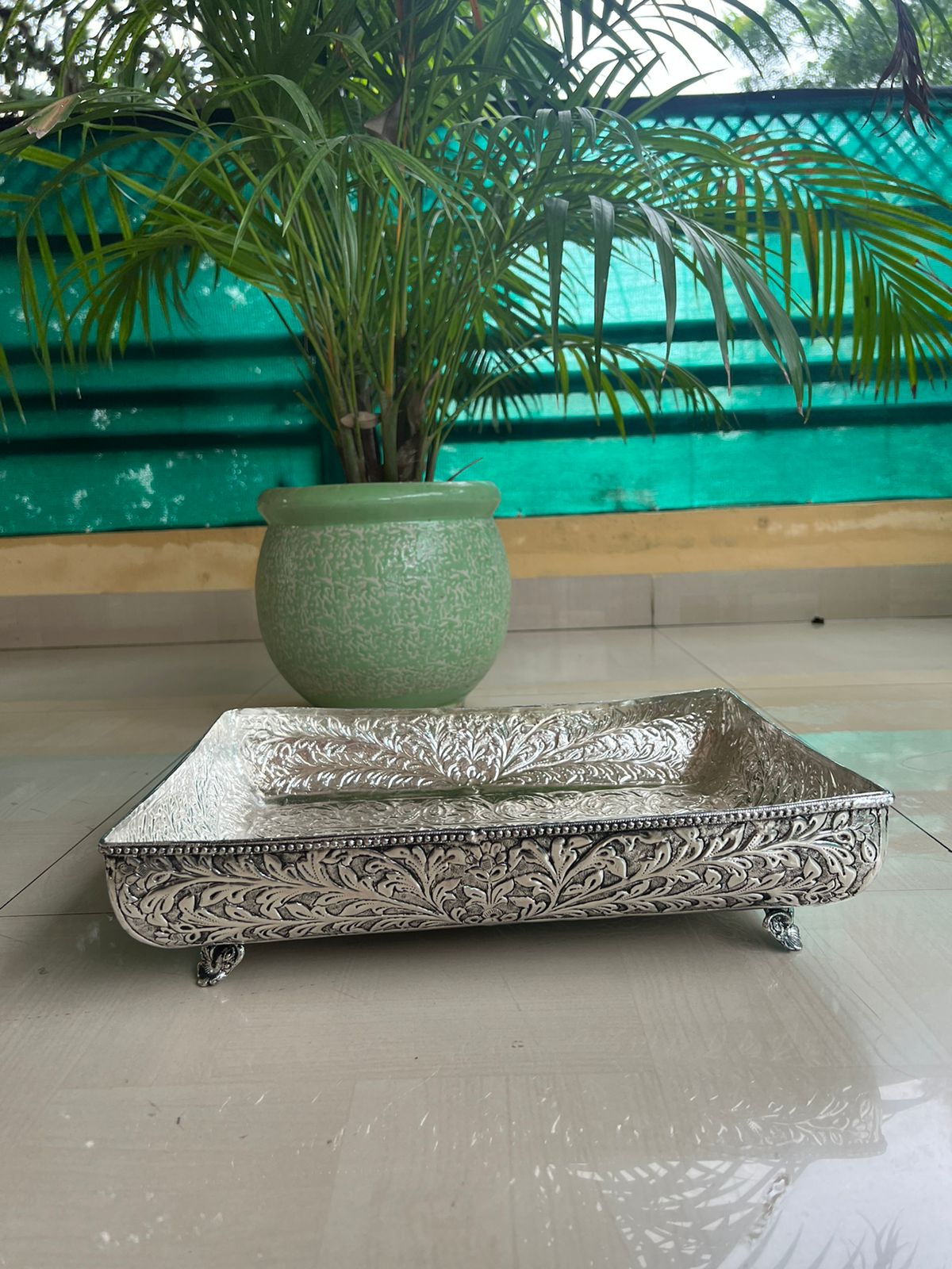 german silver Rectangle Stylish fine carved urli tray for sweets/ home décor/ pooja item/ gift item