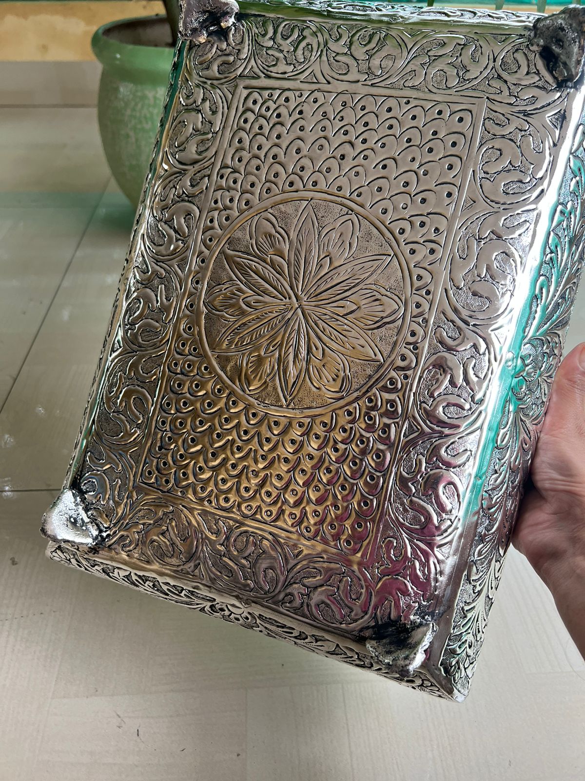 german silver Rectangle Stylish fine carved urli tray for sweets/ home décor/ pooja item/ gift item