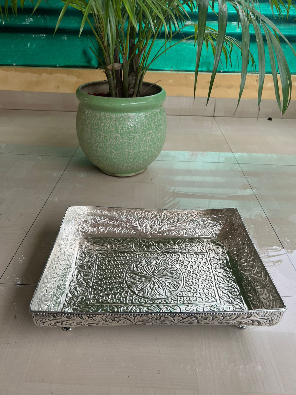 german silver Rectangle Stylish fine carved urli tray for sweets/ home décor/ pooja item/ gift item
