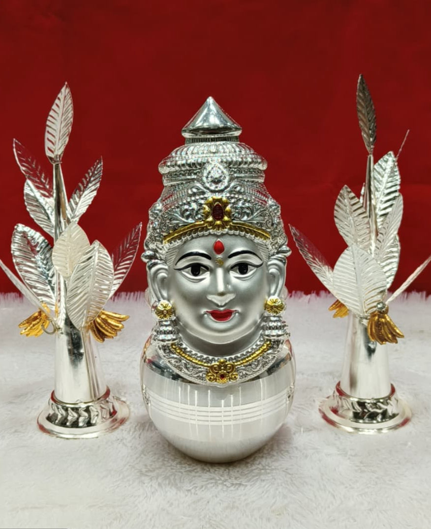 silver plated Mukhota/ lakshmi face  & Kalash + Banana Tree Pair for vara lakshmi pooja/housewarming/ diwali