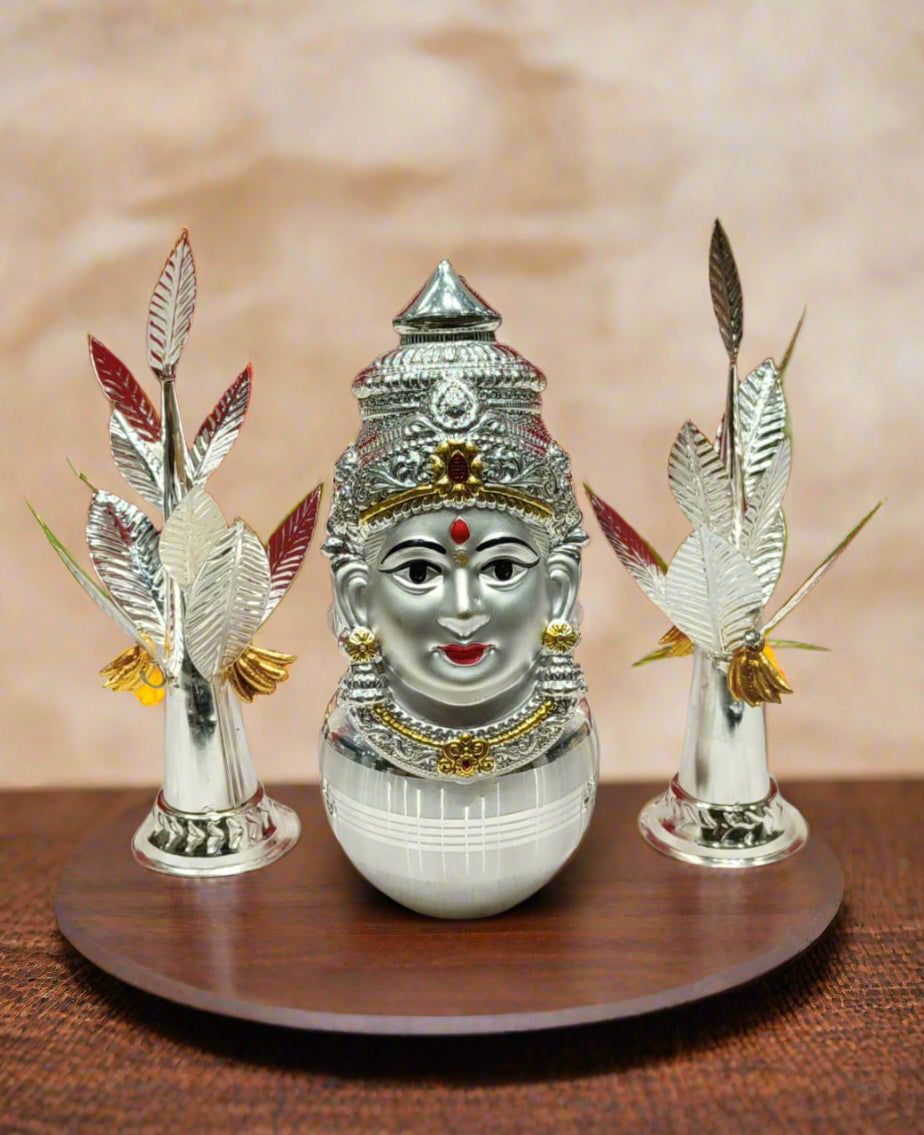 silver plated Mukhota/ lakshmi face  & Kalash + Banana Tree Pair for vara lakshmi pooja/housewarming/ diwali