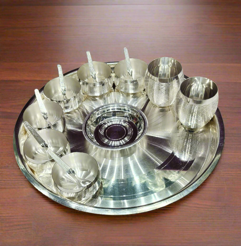 silver plated set of 16 pieces dinner set/ pooja thali set