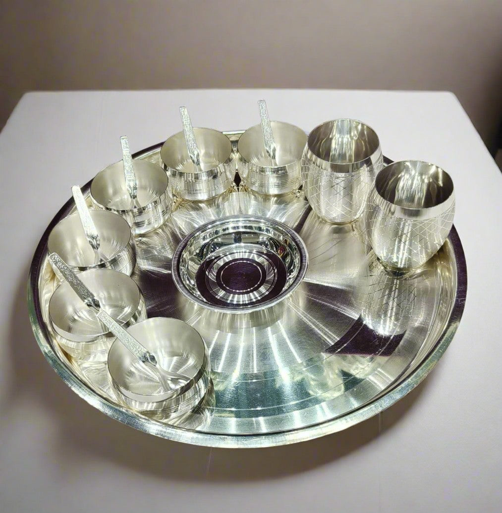silver plated set of 16 pieces dinner set/ pooja thali set