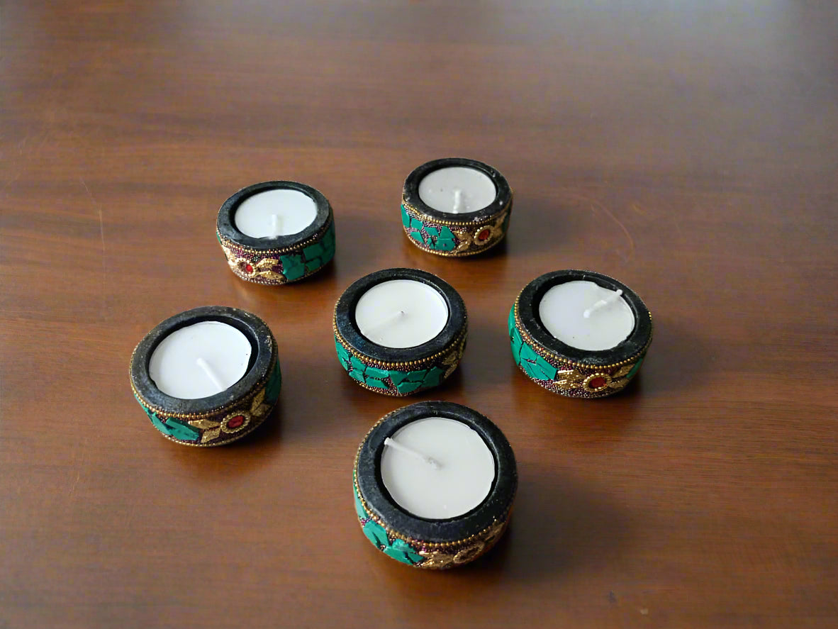 wooden with stone work tea light holder for diwali décor/ gift item, green