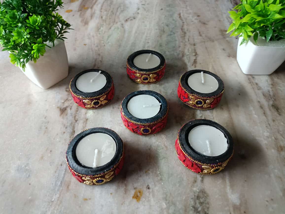 wooden with stone work tea light holder for diwali décor/ gift item, red