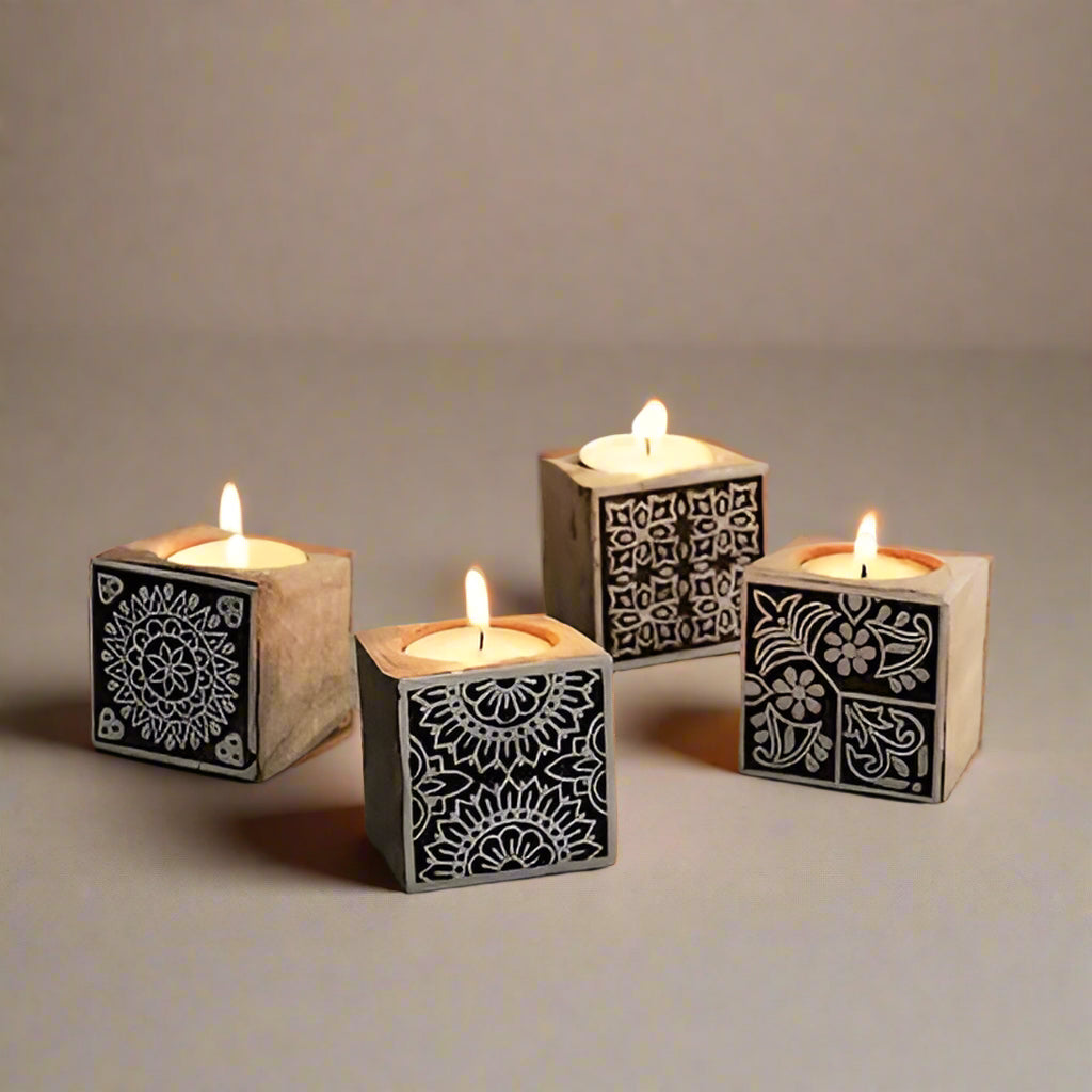 wooden square shape design tea light holder for diwali décor and gift item, set 10 pieces