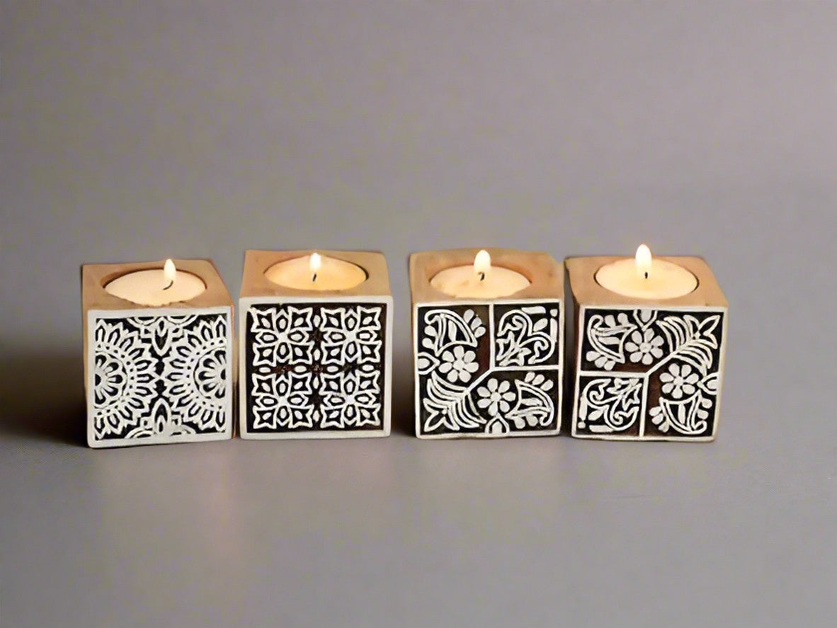 wooden square shape design tea light holder for diwali décor and gift item, set 10 pieces