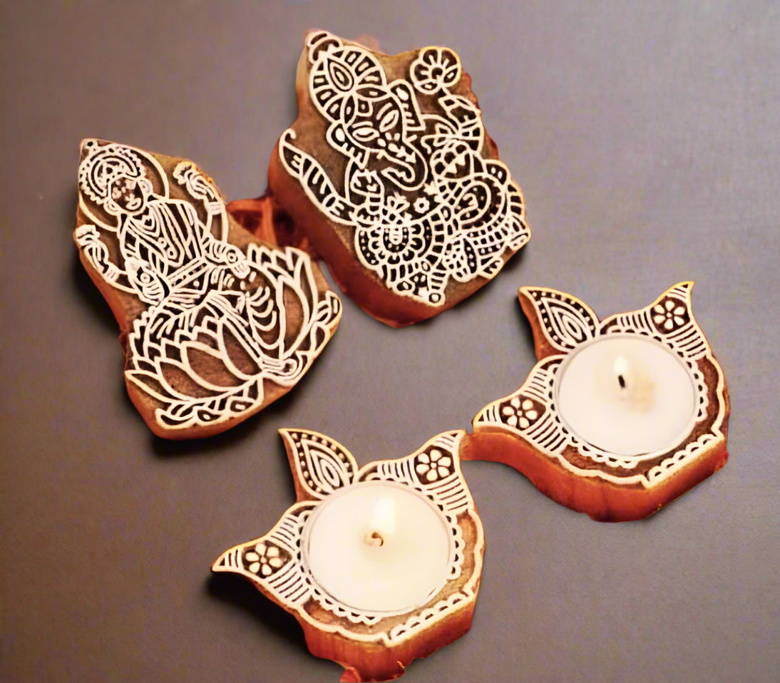 wooden Laxmi Ganesh ji with tealigh candle holder , set of 4 pieces