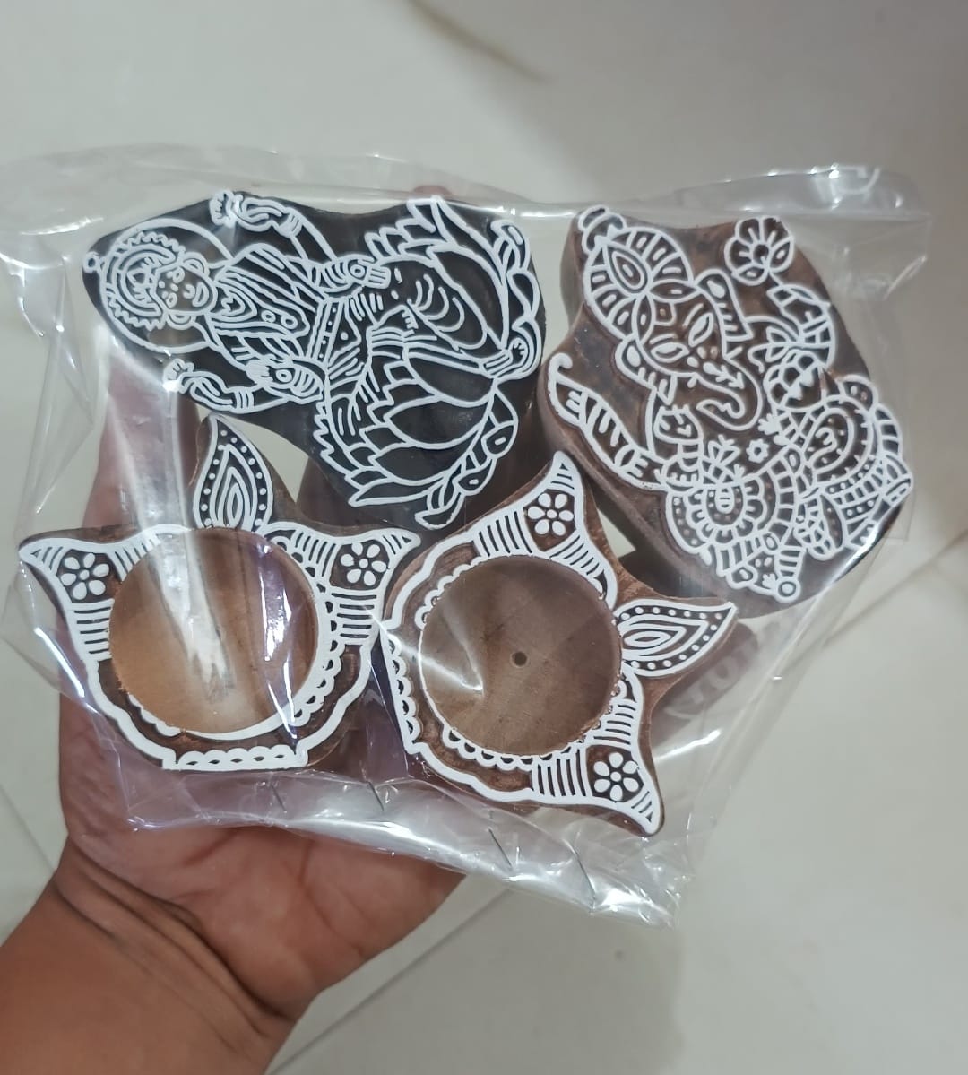 wooden Laxmi Ganesh ji with tealigh candle holder , set of 4 pieces