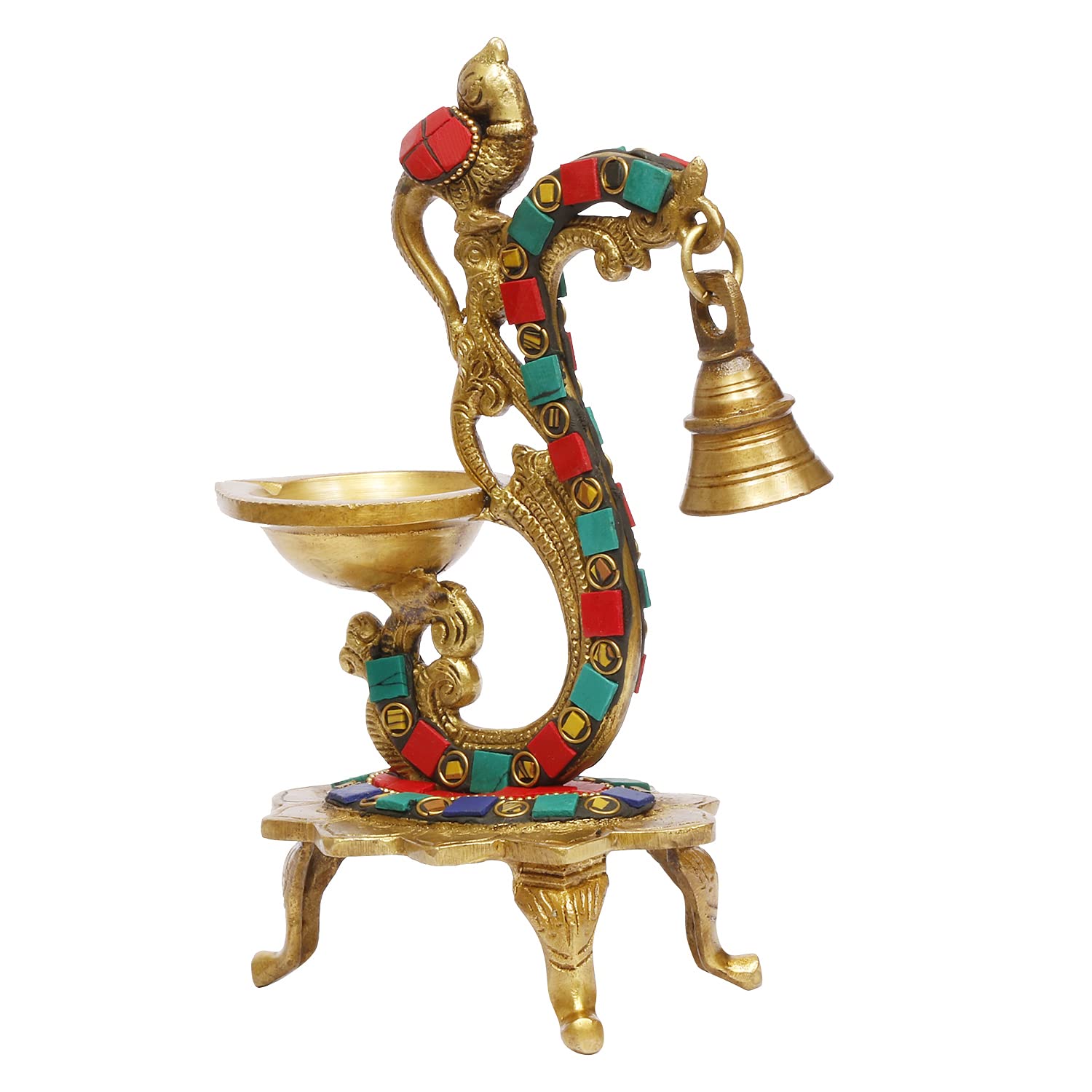 Brass Multicolor Bird Traditional Hanging Bell Diya Oil Lamp Stand Diwali Puja