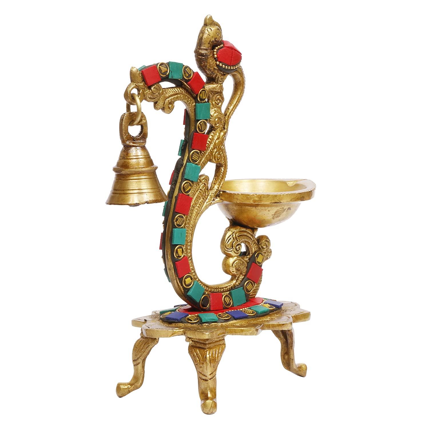 Brass Multicolor Bird Traditional Hanging Bell Diya Oil Lamp Stand Diwali Puja