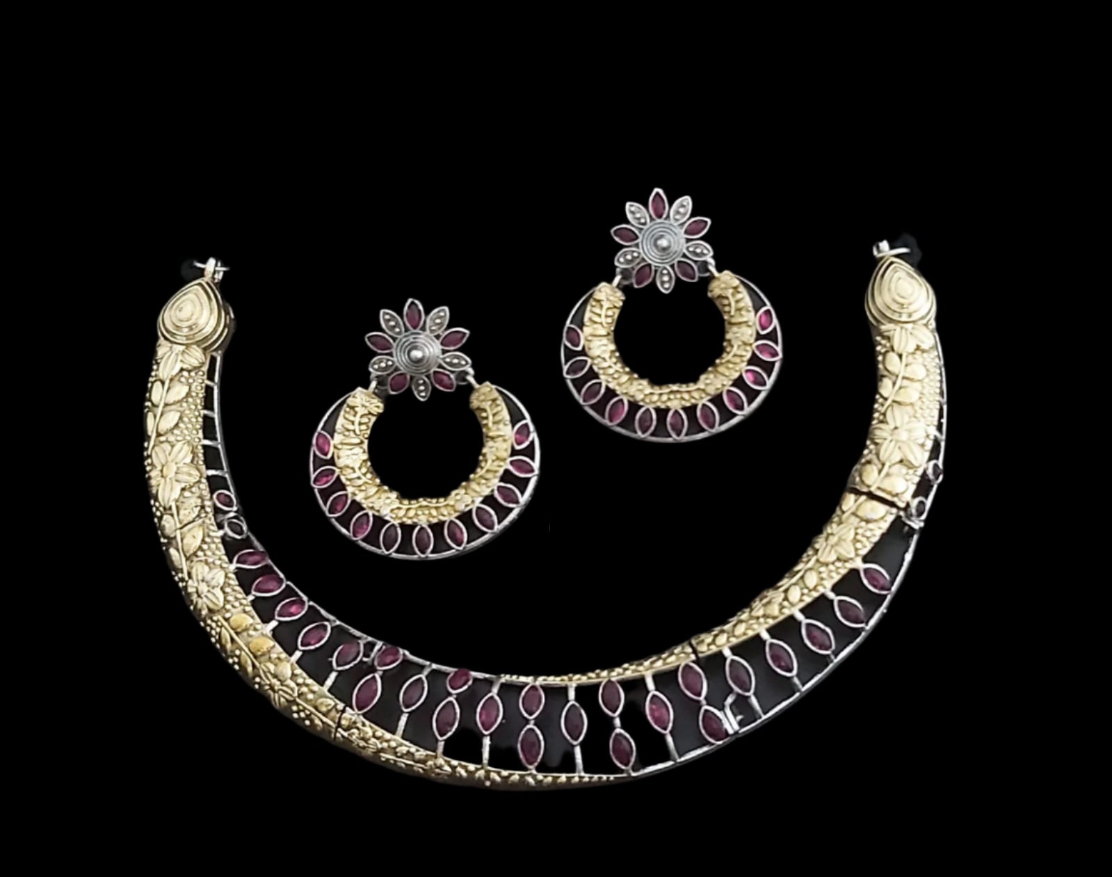 golden and silver choker German silver necklace set with matching earrings