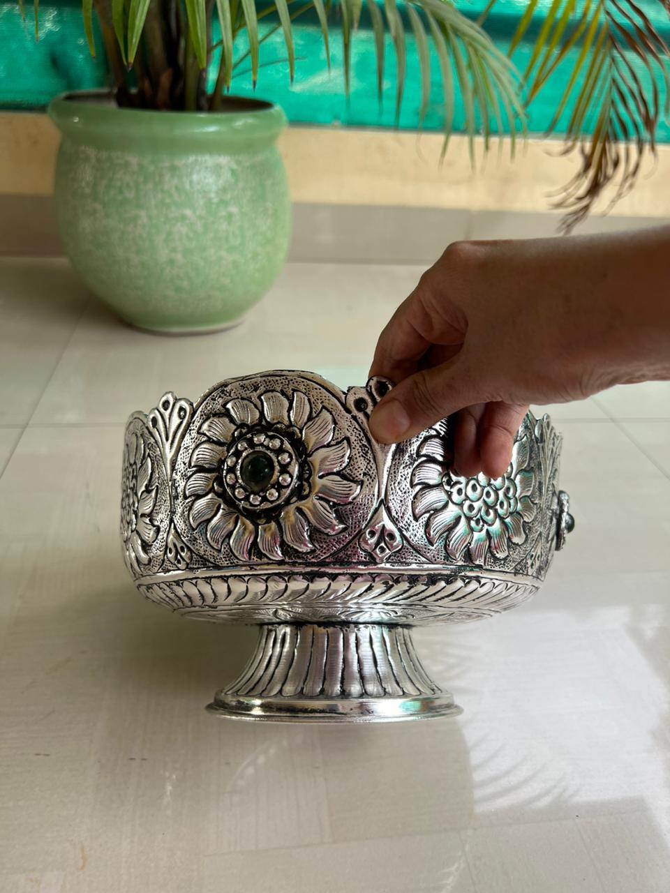 German silver Beautifully carved stand fruit/snacks bowl with stone work