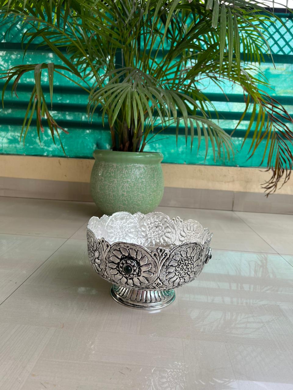 German silver Beautifully carved stand fruit/snacks bowl with stone work