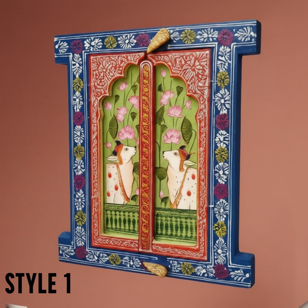 Handcrafted Wooden Haveli Window with Indian Miniature Painting | Lotus & Cow Motif Wall Panel | Ethnic Indian Home Décor