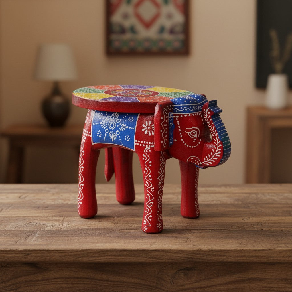 Decorative red wooden elephant stool featuring traditional hand-painted artwork and intricate embossed detailing, ideal for ethnic and bohemian home décor.