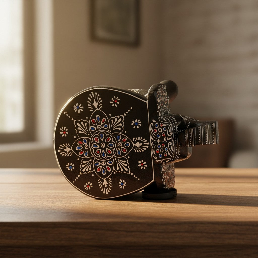 Decorative black wooden elephant stool featuring traditional hand-painted artwork and intricate embossed detailing, ideal for ethnic and contemporary home décor.