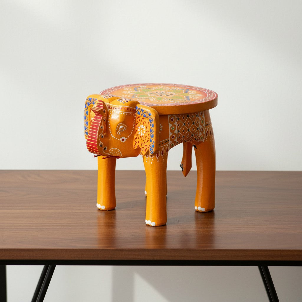 Handcrafted Emboss Painted Colorful Wooden Elephant Stool | Decorative Animal Showpiece for Home Décor