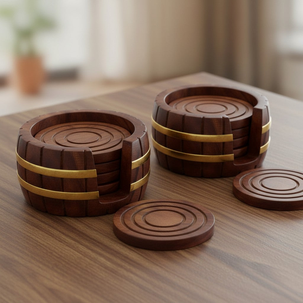 Wooden Barrel Coasters Set of 6 – Lotus Design with Brass Inlay | Tea, Coffee, Beer & Glass Coasters | Rustic Table Décor, set of 2