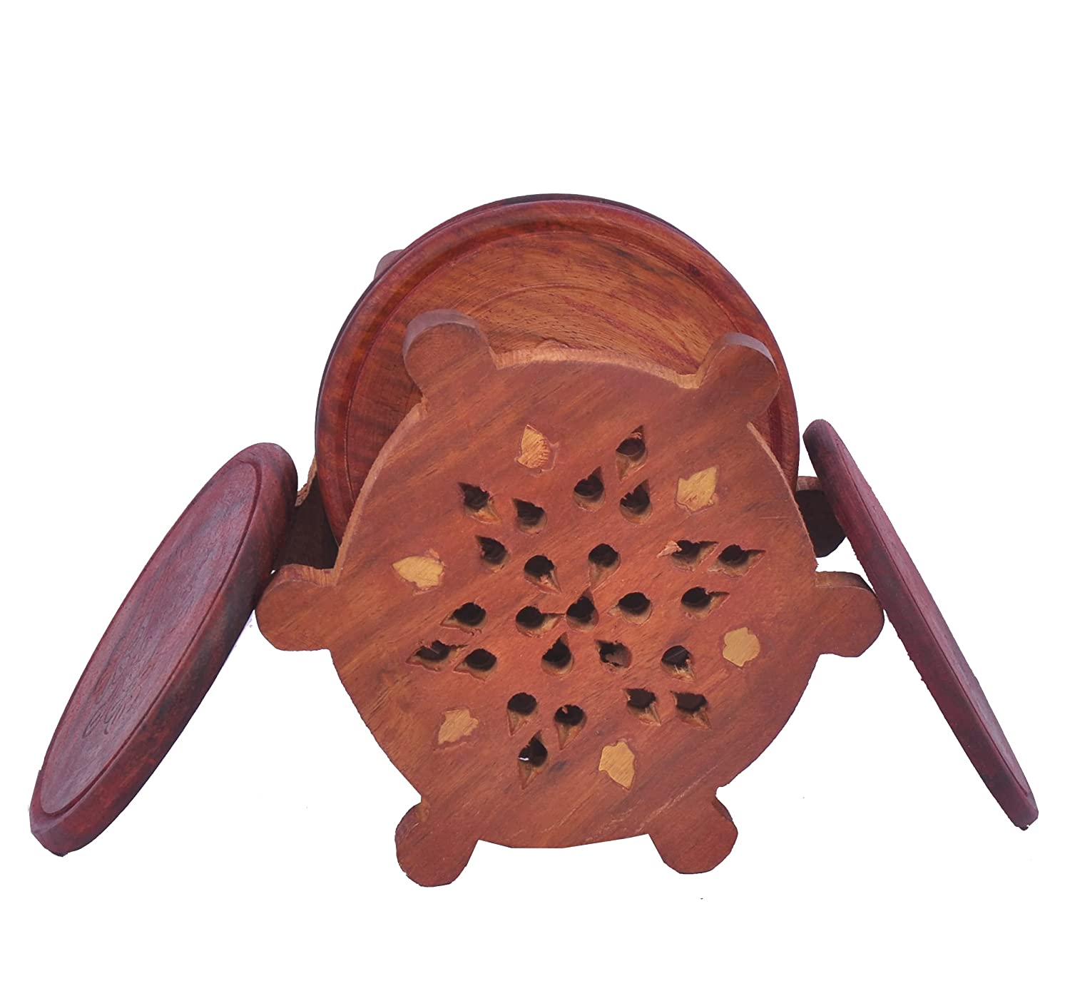 Wooden Coaster Set of 6 with Holder – Pirate Ship Wheel Design | Dining Table Coasters | Rustic Drink Coaster Set