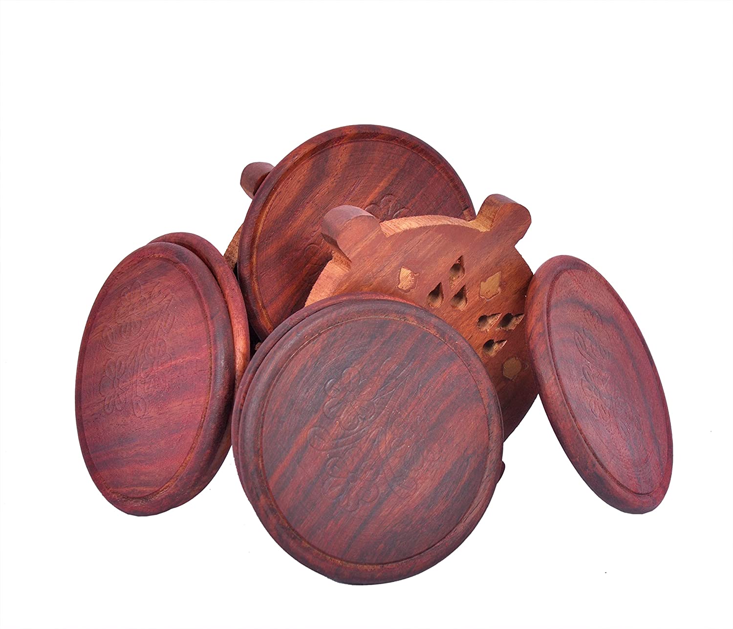 Wooden Coaster Set of 6 with Holder – Pirate Ship Wheel Design | Dining Table Coasters | Rustic Drink Coaster Set, 2 sets