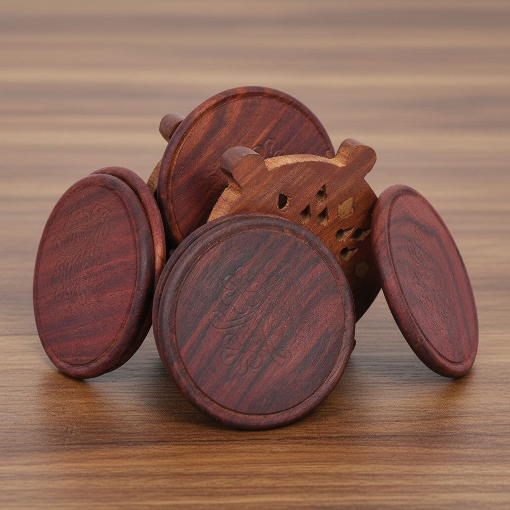 Wooden Coaster Set of 6 with Holder – Pirate Ship Wheel Design | Dining Table Coasters | Rustic Drink Coaster Set, 2 sets