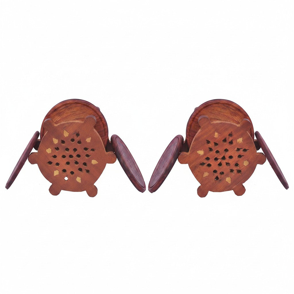 Wooden Coaster Set of 6 with Holder – Pirate Ship Wheel Design | Dining Table Coasters | Rustic Drink Coaster Set, 2 sets