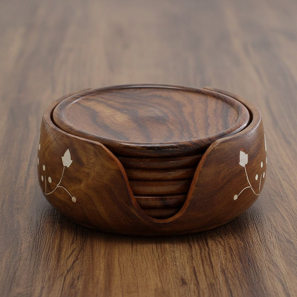 Wooden Coasters Set of 6 with Round Holder – Decorative Drink Coasters | Table Protection | Home Décor Gift