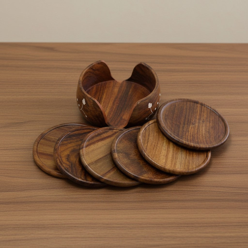 Wooden Coasters Set of 6 with Round Holder – Decorative Drink Coasters | Table Protection | Home Décor Gift