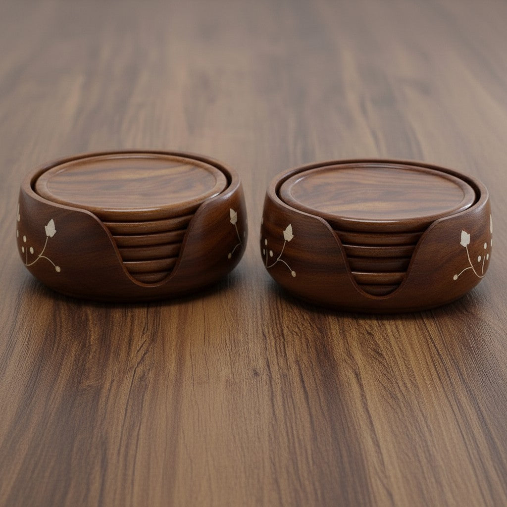 Wooden Coasters Set of 6 with Round Holder – Decorative Drink Coasters | Table Protection | Home Décor Gift, set of 2