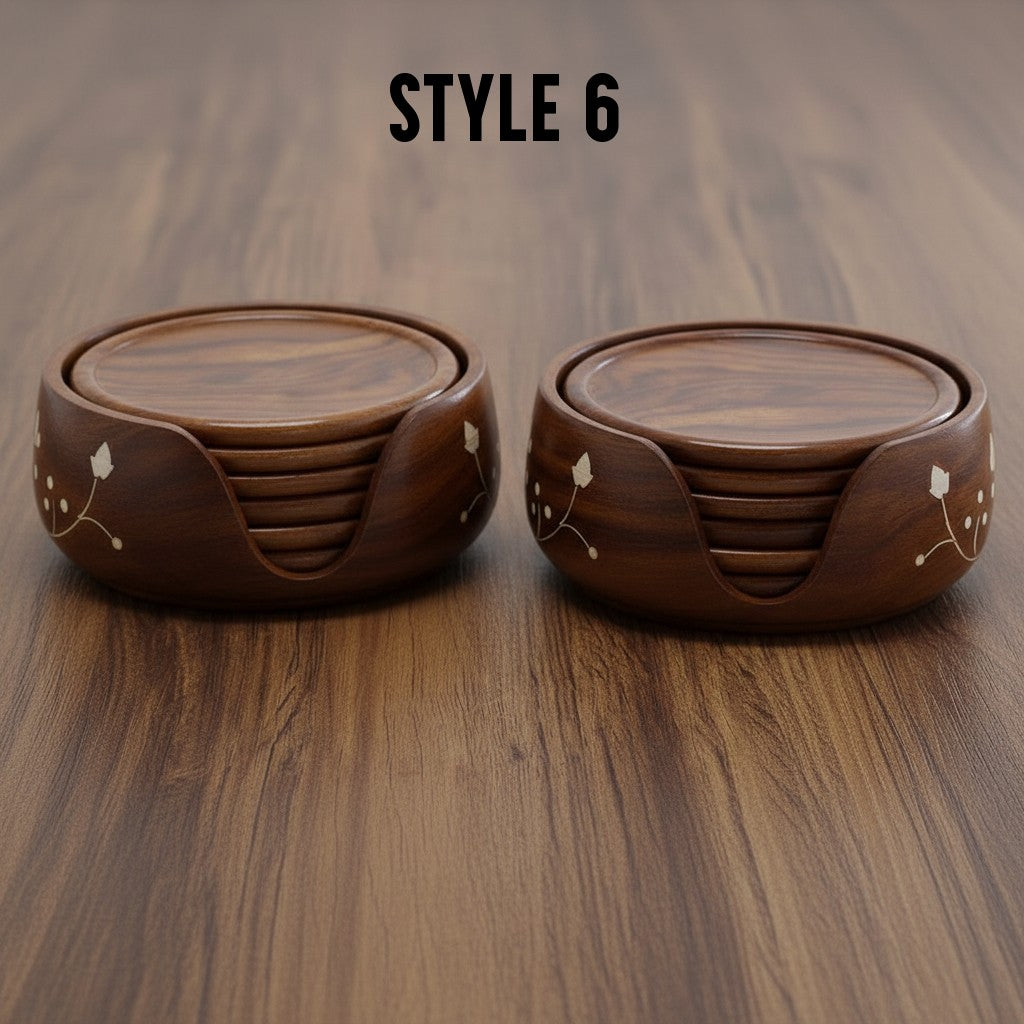 Wooden Coasters Set of 6 with Round Holder – Decorative Drink Coasters | Table Protection | Home Décor Gift, set of 2
